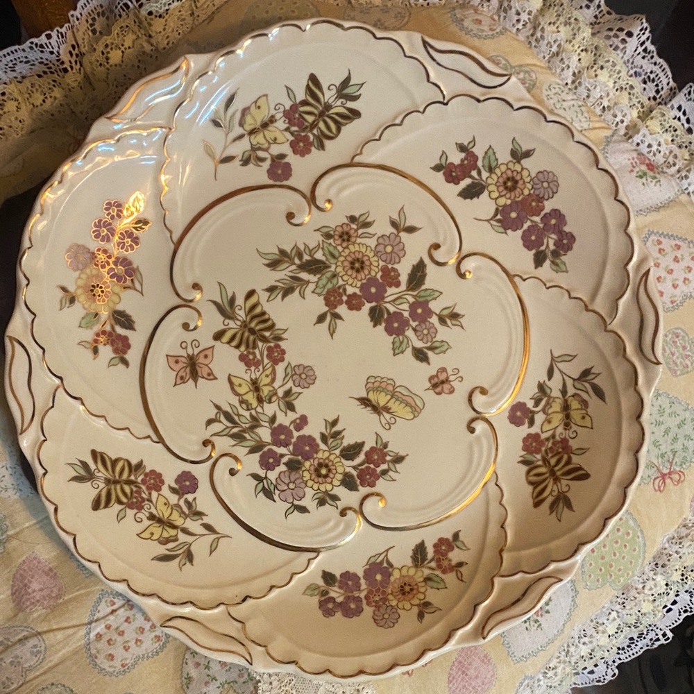 ZSOLNAY Floral Scalloped Serving Platter - Cream with Pink & Gold Accents